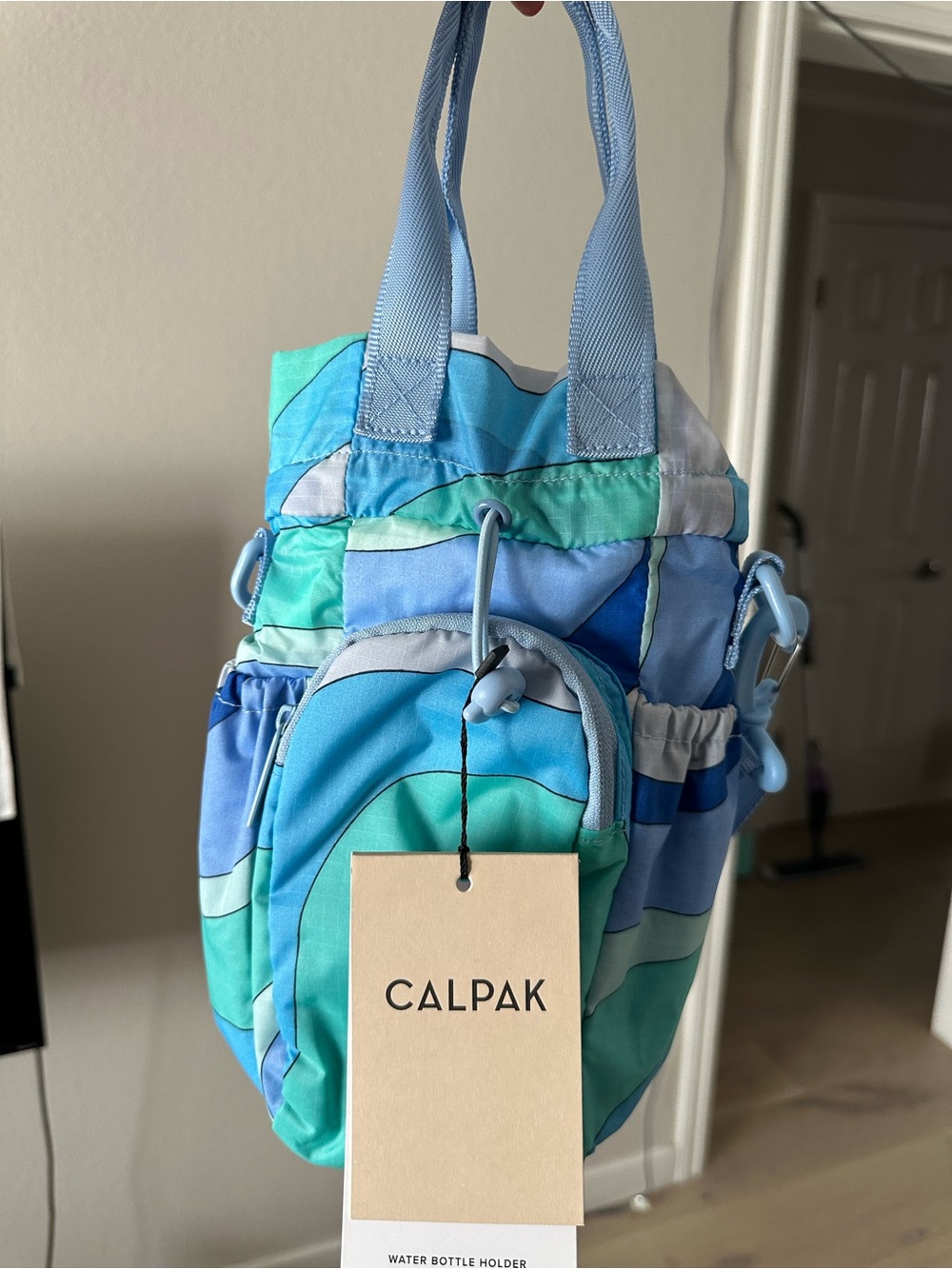 Calpak Teal and Blue Striped Water Bottle Holder Tote